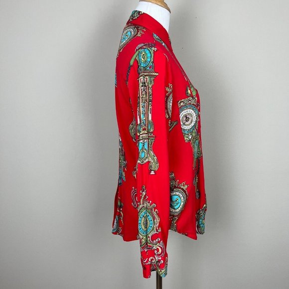 Maeve Anthropologie Shirt Women 4 Red Clock Long Sleeve Whimsy‎ Button Down Top - Picture 5 of 12